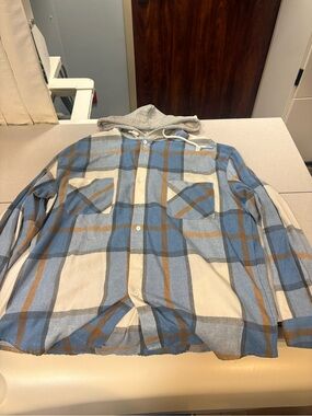 NFINITY Blue Gray Brown Plaid Button-Down Shirt with Hood